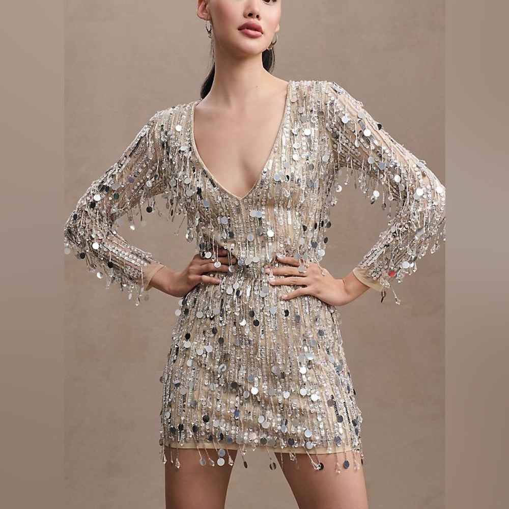 NWT Mac Duggal Silver Sequin Long Sleeve Dress